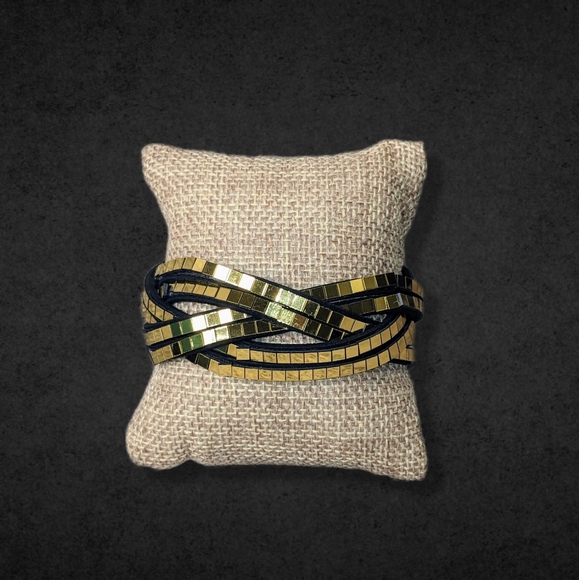 A12 Gold Disco Ball Wrap Bracelet Black Suede Metallic Crystal Rhinestone - Picture 2 of 12